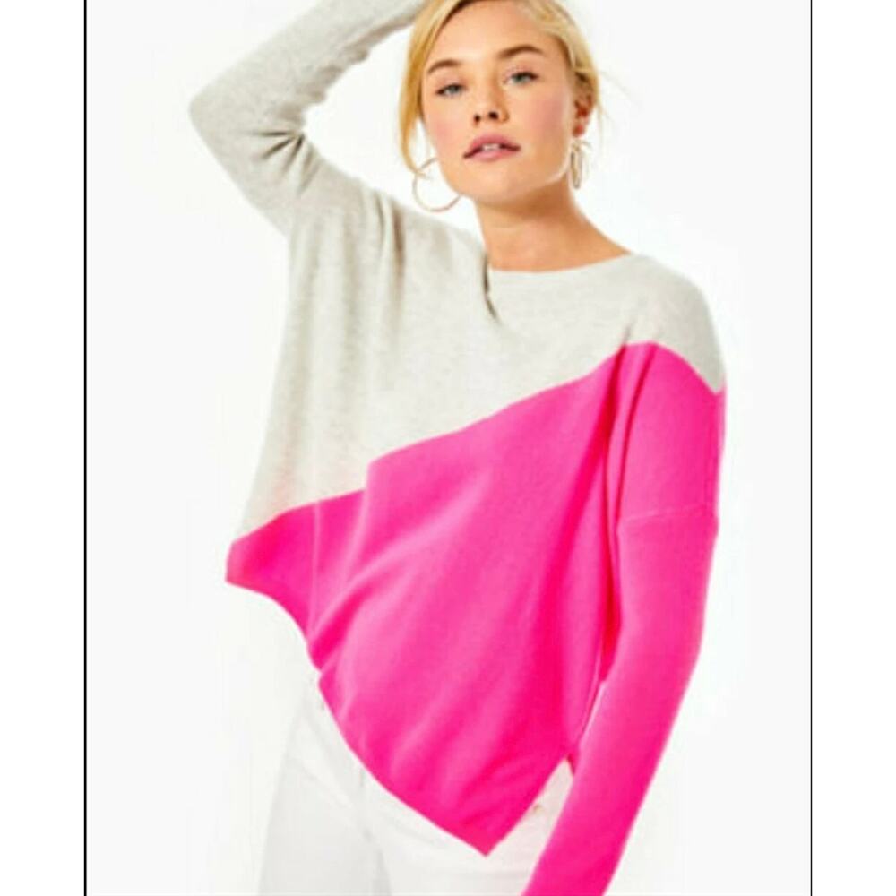 Lilly Pulitzer Cashmere Tunic Sweater S/M Pink Gray Colorblock V-Neck Luxe Soft
